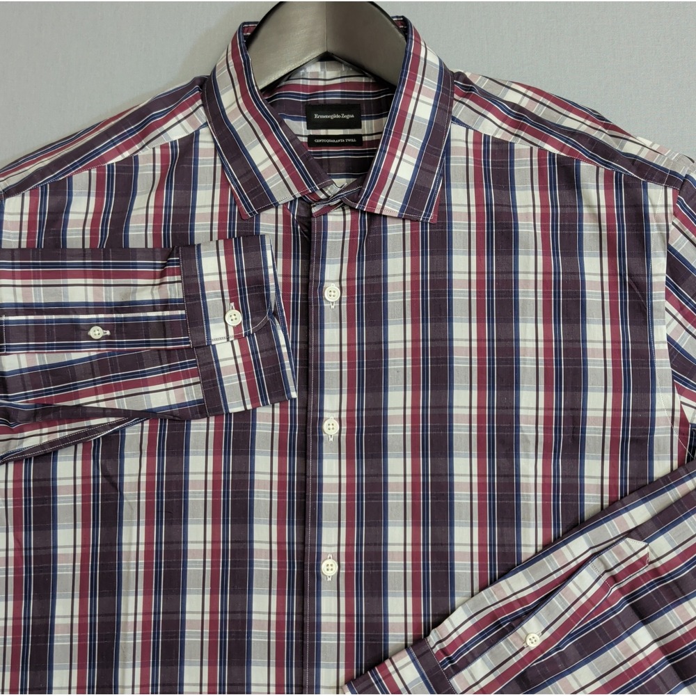 Ermenegildo Zegna Mens Centoquaranta Twill XXL Purple Plaid Luxury Cotton Shirt
